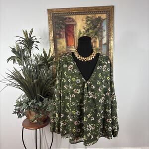 Time & True Floral Blouse 3X/22W Green V-Neck Long Sleeve Lined Plus Size Tunic